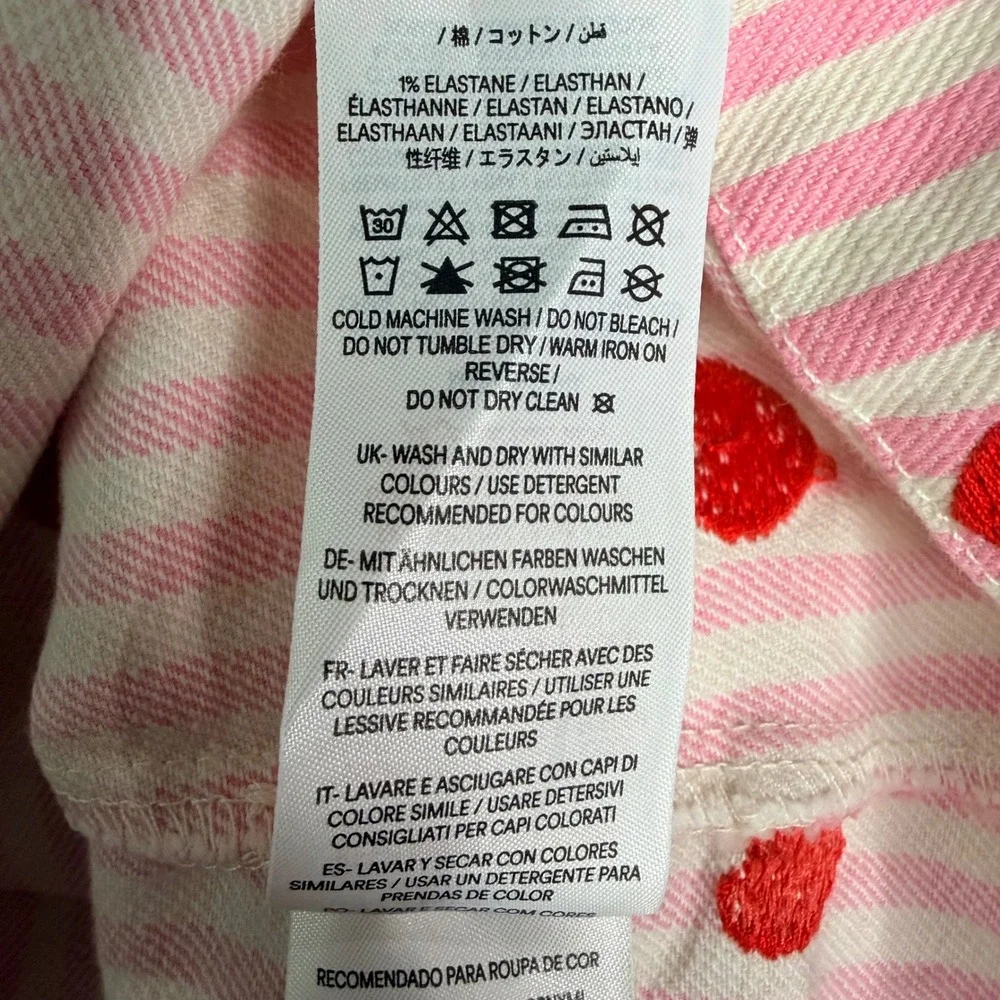 Mini Boden Girls Pink White Striped Red Heart Embroidered Denim Dress 6-7Y G5127